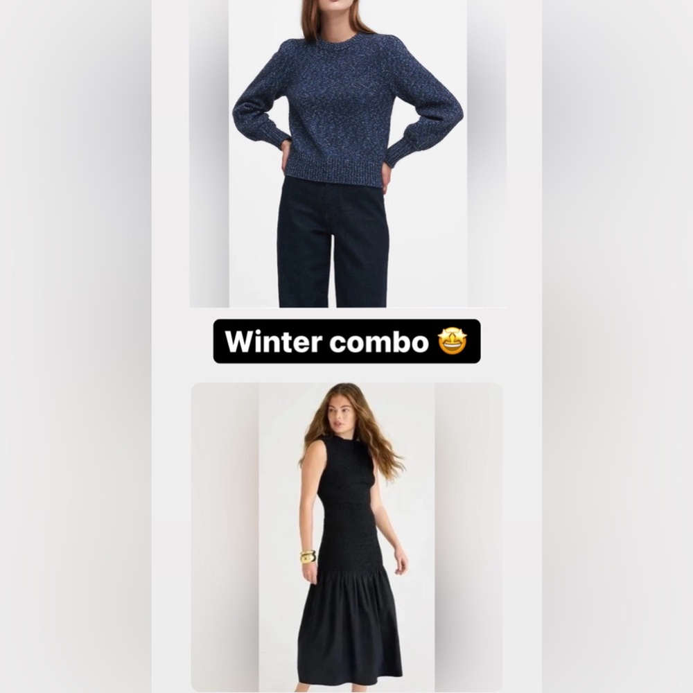 Jcrew Drop-waist smocked dress and Banana Republic metallic puff-sleeve sweater